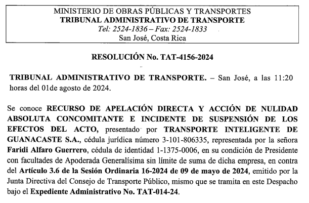 El Tribunal Administrativo de Transporte (TAT) ha emitido un fallo contundente que anula la cesión del permiso de operación para la ruta San José – Bolsón de Santa Cruz, Guanacaste, anteriormente otorgado a la empresa Autotransportes Colorado Sociedad Anónima.